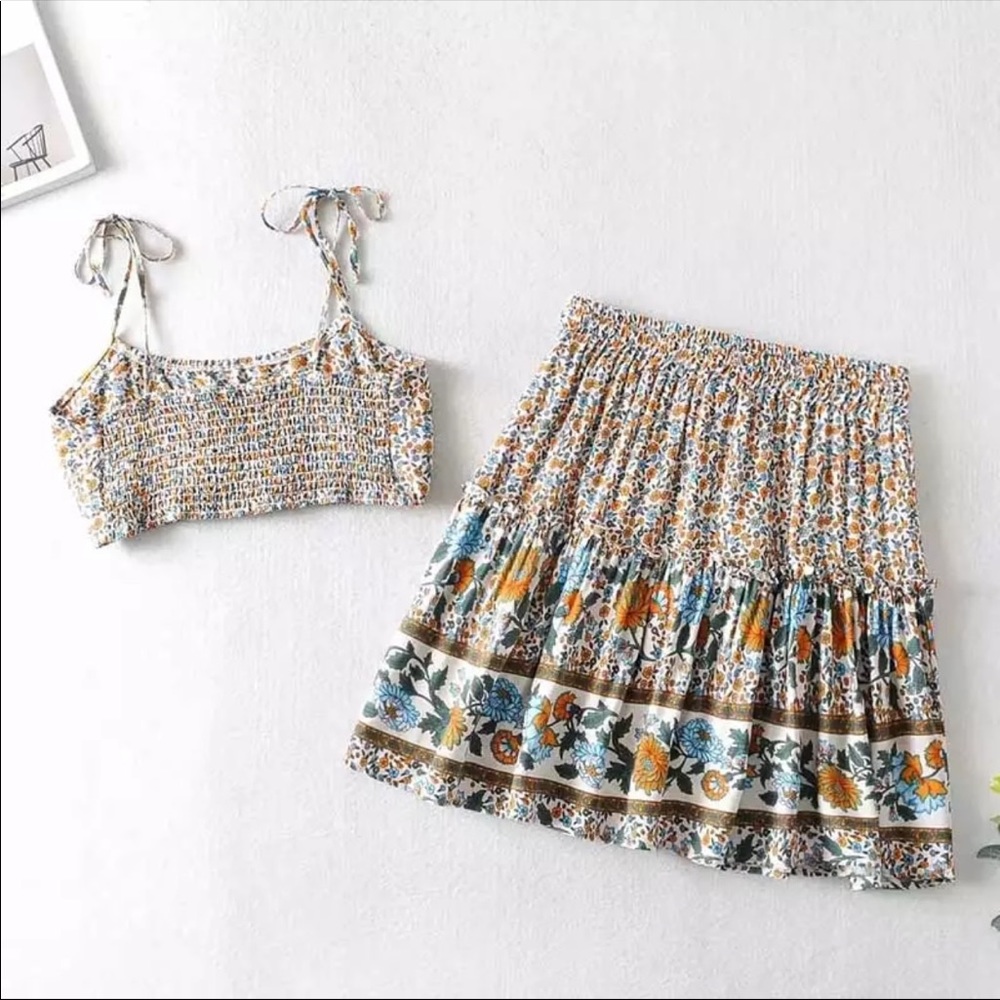 2 piece set boho gypsy floral print skirt crop top - Picture 6 of 10